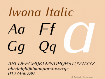 Iwona Italic Version 1.000;PS 0.995;hotconv 1.0.49;makeotf.lib2.0.14853 Font Sample