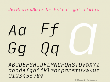 JetBrains Mono ExtraLight Italic Nerd Font Complete Windows Compatible Version 2.251; ttfautohint (v1.8.3);Nerd Fonts 2.1.0图片样张