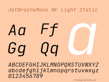 JetBrains Mono Light Italic Nerd Font Complete Mono Windows Compatible Version 2.251; ttfautohint (v1.8.3);Nerd Fonts 2.1.0图片样张