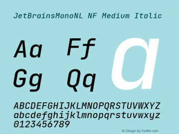 JetBrains Mono NL Medium Italic Nerd Font Complete Windows Compatible Version 2.251; ttfautohint (v1.8.3);Nerd Fonts 2.1.0图片样张