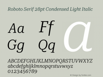 Roboto Serif 28pt Condensed Light Italic Version 1.007图片样张