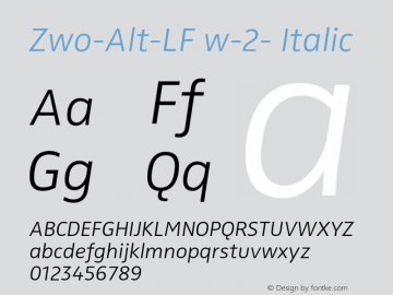 Zwo-Alt-LF w-2- Italic 4.313 Font Sample