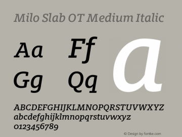 Milo Slab OT Medium Italic Version 7.600, build 1028, FoPs, FL 5.04图片样张