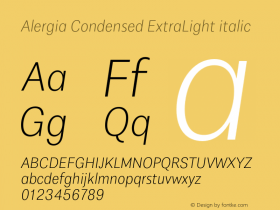 Alergia Condensed ExtraLight Italic Version 1.000;PS 001.000;hotconv 1.0.88;makeotf.lib2.5.64775图片样张