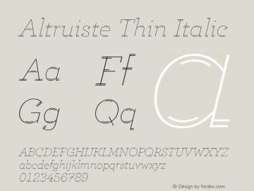 Altruiste Thin Italic Version 1.000;hotconv 1.0.109;makeotfexe 2.5.65596图片样张