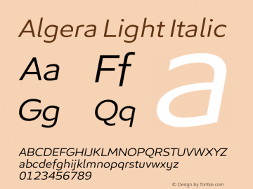 Algera Light Italic Version 1.000;hotconv 1.0.109;makeotfexe 2.5.65596图片样张