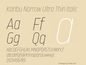 Karibu Narrow Ultra Thin Italic Version 1.000;PS 001.000;hotconv 1.0.88;makeotf.lib2.5.64775图片样张