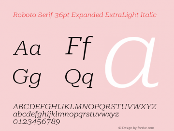 Roboto Serif 36pt Expanded ExtraLight Italic Version 1.008图片样张