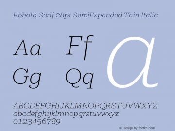 Roboto Serif 28pt SemiExpanded Thin Italic Version 1.008图片样张
