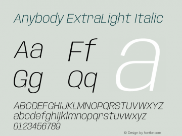 Anybody ExtraLight Italic Version 1.113;gftools[0.9.25]图片样张
