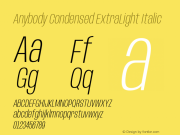 Anybody Condensed ExtraLight Italic Version 1.113;gftools[0.9.25]图片样张