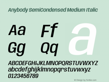 Anybody SemiCondensed Medium Italic Version 1.113;gftools[0.9.25]图片样张
