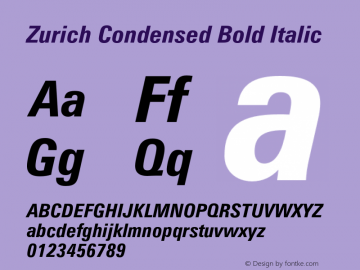 Zurich Condensed Bold Italic 2.0-1.0 Font Sample