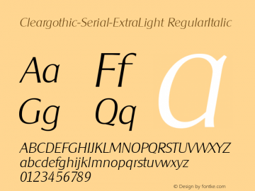 Cleargothic-Serial-ExtraLight RegularItalic 1.0 Fri Oct 18 17:10:58 1996 Font Sample