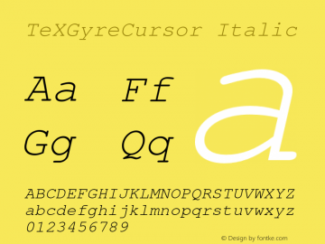 TeXGyreCursor Italic Version 2.004;PS 2.004;hotconv 1.0.49;makeotf.lib2.0.14853 Font Sample
