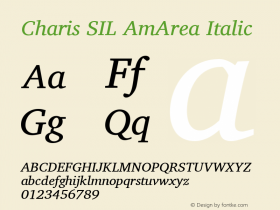 Charis SIL AmArea Italic Version 4.102 ; BrdgDiacs BarBwl EngCapN ModColWd LnSpcIm Font Sample