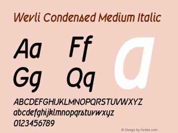 Wevli Condensed Medium Italic Version 2.1; 2002 Font Sample