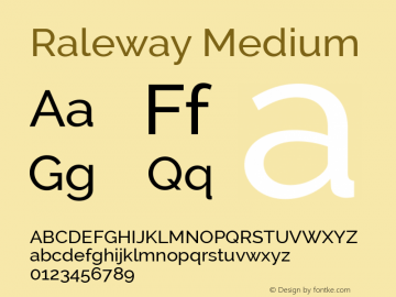 Raleway Medium Version 2.001; ttfautohint (v0.8) -G 200 -r 50 Font Sample