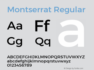 Montserrat Regular Version 1.000;PS 002.000;hotconv 1.0.70;makeotf.lib2.5.58329 DEVELOPMENT; ttfautohint (v1.00) -l 8 -r 50 -G 200 -x 14 -D latn -f none -w G Font Sample