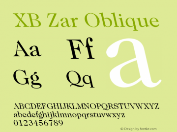 XB Zar Oblique Version 8.005 2009 Font Sample