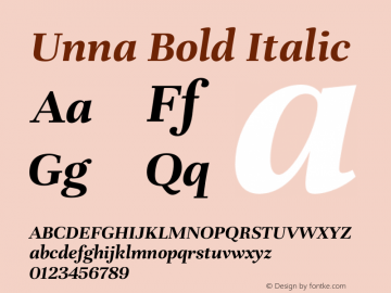 Unna Bold Italic Version 2.006;PS 002.006;hotconv 1.0.70;makeotf.lib2.5.58329 Font Sample