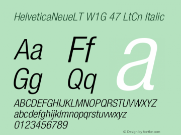 HelveticaNeueLT W1G 47 LtCn Italic Version 1.100;PS 001.001;hotconv 1.0.38 Font Sample