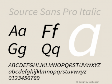 Source Sans Pro Italic Version 1.075;PS 2.000;hotconv 1.0.86;makeotf.lib2.5.63406 Font Sample