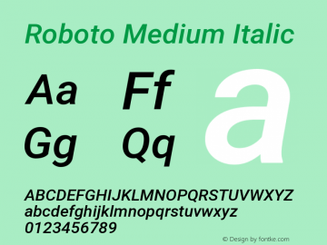 Roboto Medium Italic Version 2.001047; 2015 Font Sample