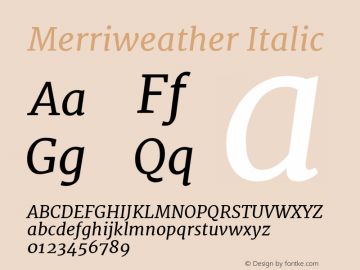Merriweather Italic Version 1.001; ttfautohint (v0.93.8-669f) -l 7 -r 28 -G 0 -x 13 -w 