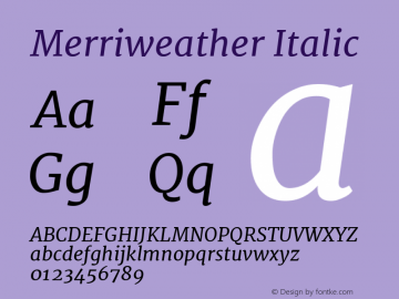 Merriweather Italic Version 1.001; ttfautohint (v0.93.8-669f) -l 7 -r 28 -G 0 -x 13 -w 