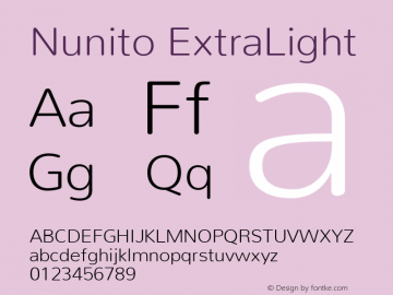 Nunito ExtraLight Version 2.0; ttfautohint (v1.00rc1.6-4cba) -l 8 -r 50 -G 200 -x 0 -D latn -f none -w G -W Font Sample