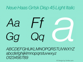 Neue Haas Grtsk Disp 45 Light Italic Version 1.000;PS 001.000;hotconv 1.0.57;makeotf.lib2.0.21895 Font Sample