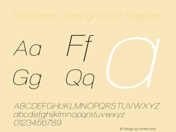 NeoGram UltraLight Italic Regular Version 1.001;PS 001.001;hotconv 1.0.56;makeotf.lib2.0.21325 Font Sample