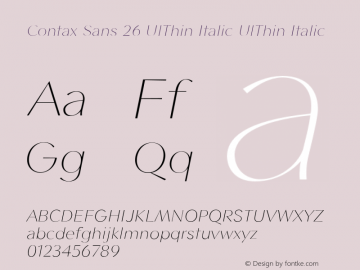 Contax Sans 26 UlThin Italic UlThin Italic Version 1.00 Font Sample
