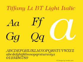 Tiffany Lt BT Light Italic mfgpctt-v1.58 Thursday, March 4, 1993 9:52:48 am (EST) Font Sample