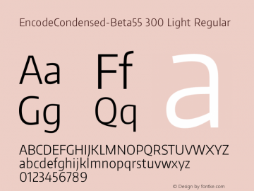 EncodeCondensed-Beta55 300 Light Regular Version 1.000;PS 001.000;hotconv 1.0.70;makeotf.lib2.5.58329 DEVELOPMENT Font Sample