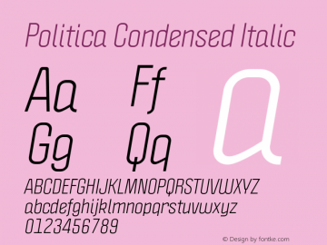 Politica Condensed Italic Version 1.002;PS 001.002;hotconv 1.0.70;makeotf.lib2.5.58329;com.myfonts.sudtipos.politica2.ital-cond.wfkit2.45Zh Font Sample