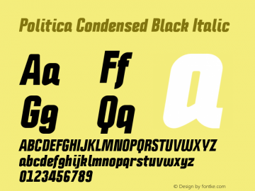 Politica Condensed Black Italic Version 1.002;PS 001.002;hotconv 1.0.70;makeotf.lib2.5.58329;com.myfonts.sudtipos.politica2.black-ital-cond.wfkit2.45ZC Font Sample