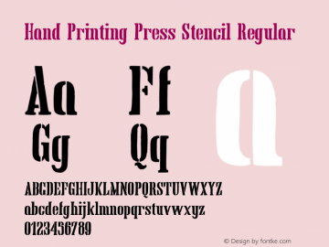 Hand Printing Press Stencil Regular Version 1.00 January 8, 2013, initial release;com.myfonts.easy.fontscafe.hand-printing-press.stencil.wfkit2.version.426u图片样张