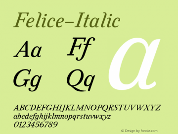 Felice-Italic ☞ Version 1.000;PS 001.001;hotconv 1.0.56;com.myfonts.easy.nootype.felice.italic.wfkit2.version.464N Font Sample