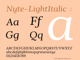 Nyte-LightItalic ☞ Version 1.030;PS 001.030;hotconv 1.0.70;makeotf.lib2.5.58329;com.myfonts.easy.dstype.nyte.light-italic.wfkit2.version.3TeG Font Sample