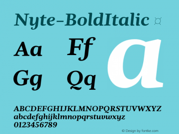 Nyte-BoldItalic ☞ Version 1.030;PS 001.030;hotconv 1.0.70;makeotf.lib2.5.58329;com.myfonts.easy.dstype.nyte.bold-italic.wfkit2.version.3Tez Font Sample