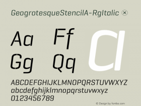 GeogrotesqueStencilA-RgItalic ☞ Version 2.000;PS 2.0;hotconv 1.0.72;makeotf.lib2.5.5900;com.myfonts.easy.emtype.geogrotesque-stencil-italic.a-regular.wfkit2.version.4mPB Font Sample