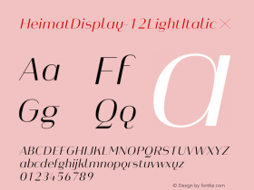 HeimatDisplay-12LightItalic ☞ Version 1.000;PS 001.000;hotconv 1.0.70;makeotf.lib2.5.58329;com.myfonts.easy.atlas-font-foundry.heimat-display.12-light-italic.wfkit2.version.4nz1图片样张