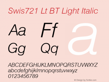 Swis721 Lt BT Light Italic mfgpctt-v4.4 Dec 30 1998 Font Sample