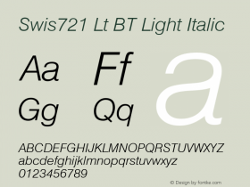Swis721 Lt BT Light Italic mfgpctt-v1.52 Monday, January 25, 1993 11:38:31 am (EST) Font Sample