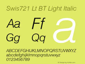 Swis721 Lt BT Light Italic mfgpctt-v1.52 Monday, January 25, 1993 11:38:31 am (EST) Font Sample