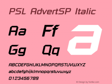 PSL AdvertSP Italic Series 1, Version 3.1, for Win 95/98/ME/2000/NT, release November 2002. Font Sample