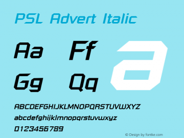 PSL Advert Italic Version 2.5, for Win 95, 98, NT; release October 1999 Font Sample