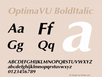 OptimaVU BoldItalic Macromedia Fontographer 4.1 2/5/2008 Font Sample